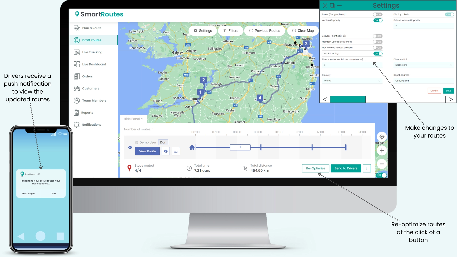 FleetCore live GPS tracking map showing vehicle locations, delivery routes, and real-time status